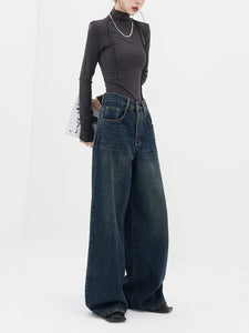 American Retro Dark Wide-Leg Straight Jeans