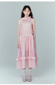 High waist ruffled a-line cake skirt bow halter neck pink holiday dress