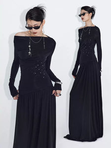 Black waist rhinestone bottoming dress wide waist long skirt