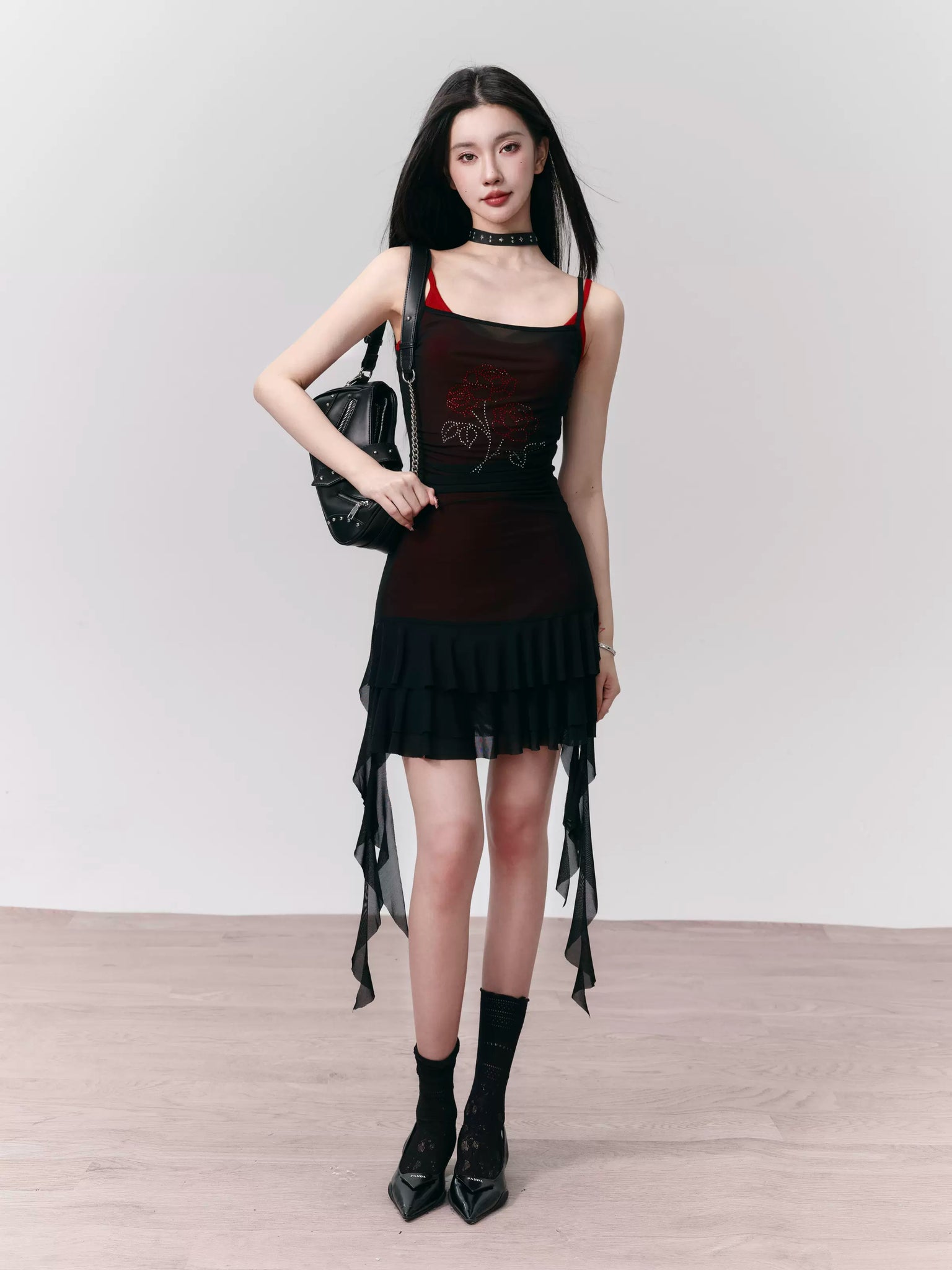 Black red hot diamond mesh slim suspender dress