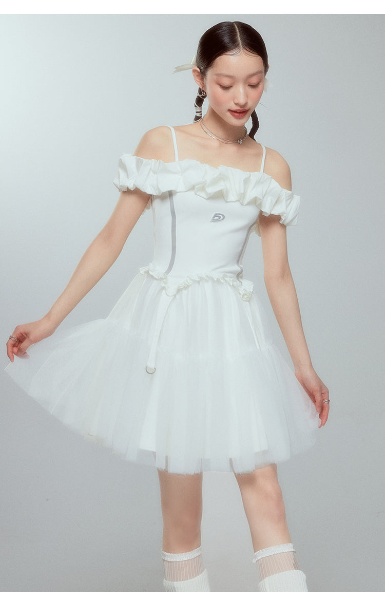 One-shoulder mesh suspender skirt A-line high waist cloud shoulder tutu skirt