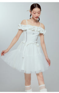 One-shoulder mesh suspender skirt A-line high waist cloud shoulder tutu skirt