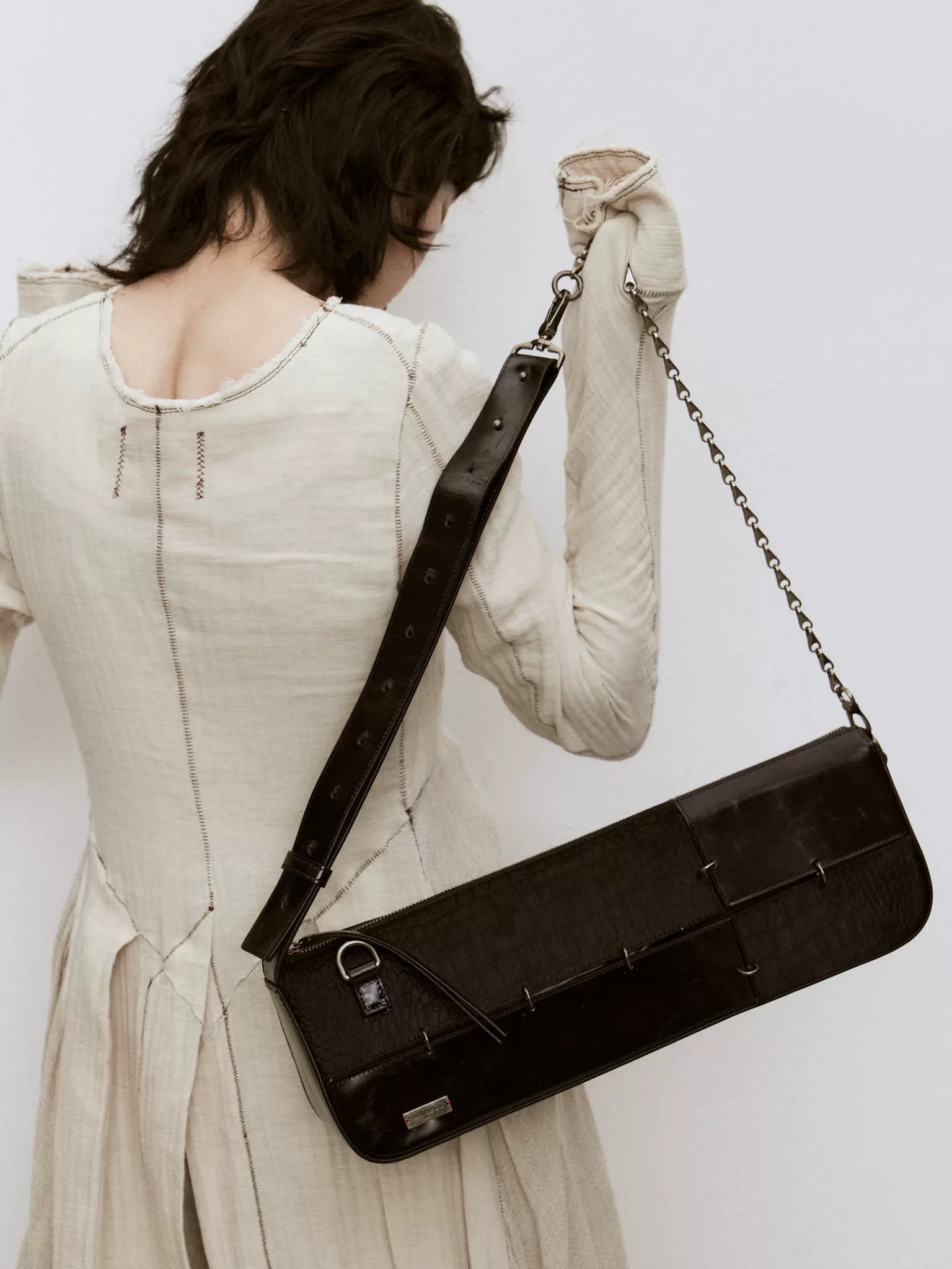 Black cowhide horsehair patchwork baguette bag