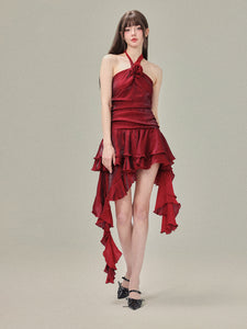 Island Satin Red Halter Dress