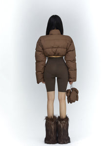 Brown Basic Short High Neck Down Jacket