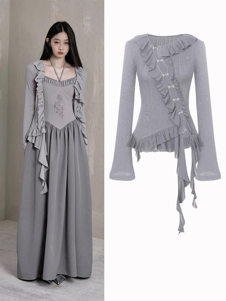 Ruffle Hem Long Sleeve Thin Knitted Cardigan