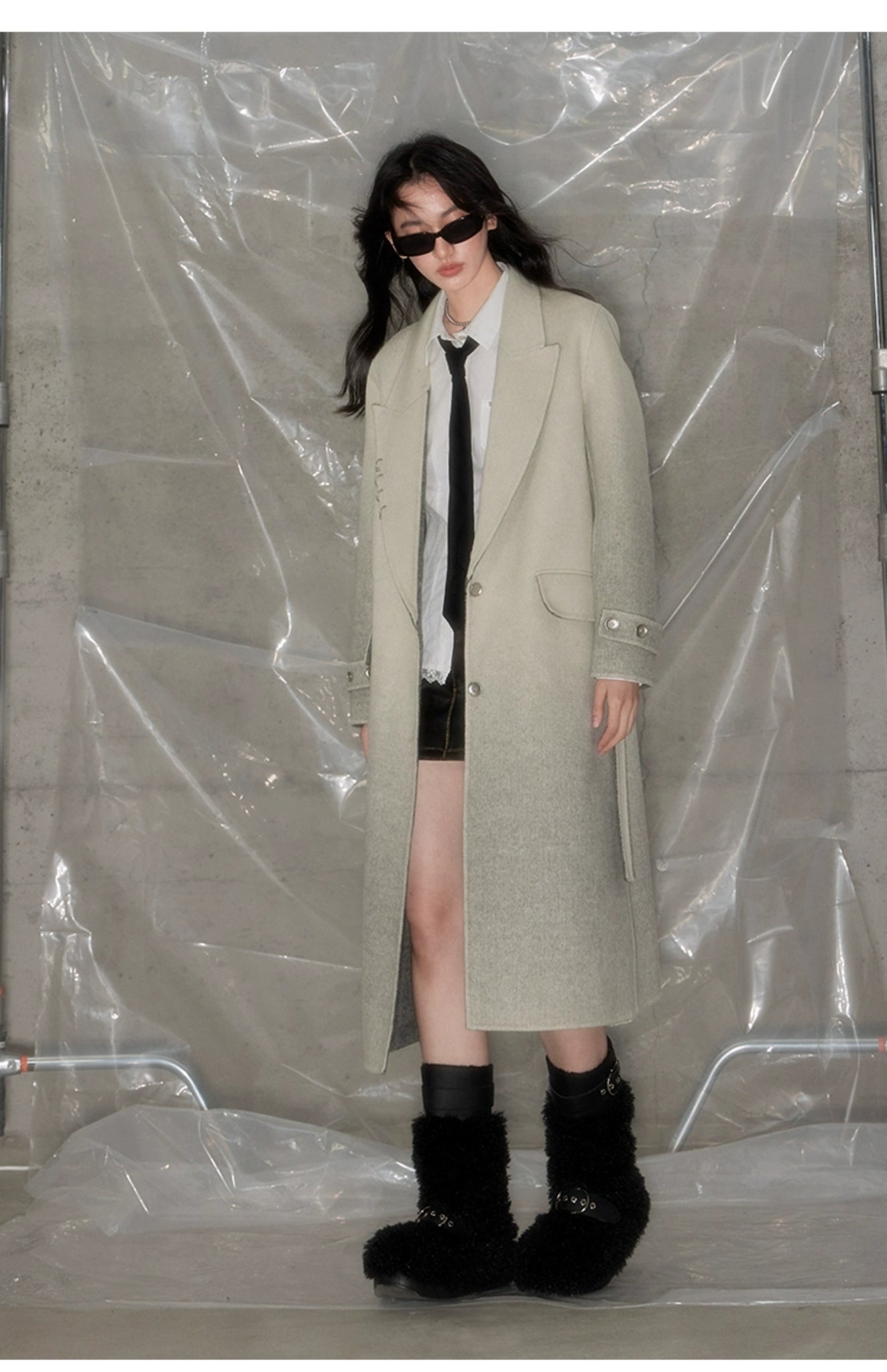 Retro straight loose gradient mid-length suit collar double-faced wool coat