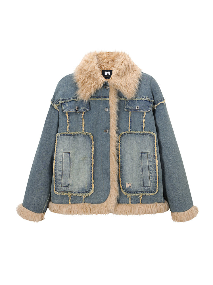 Vintage Quilted Patchwork Fur Collar Denim Jacket
