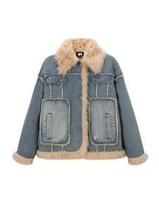 Vintage Quilted Patchwork Fur Collar Denim Jacket
