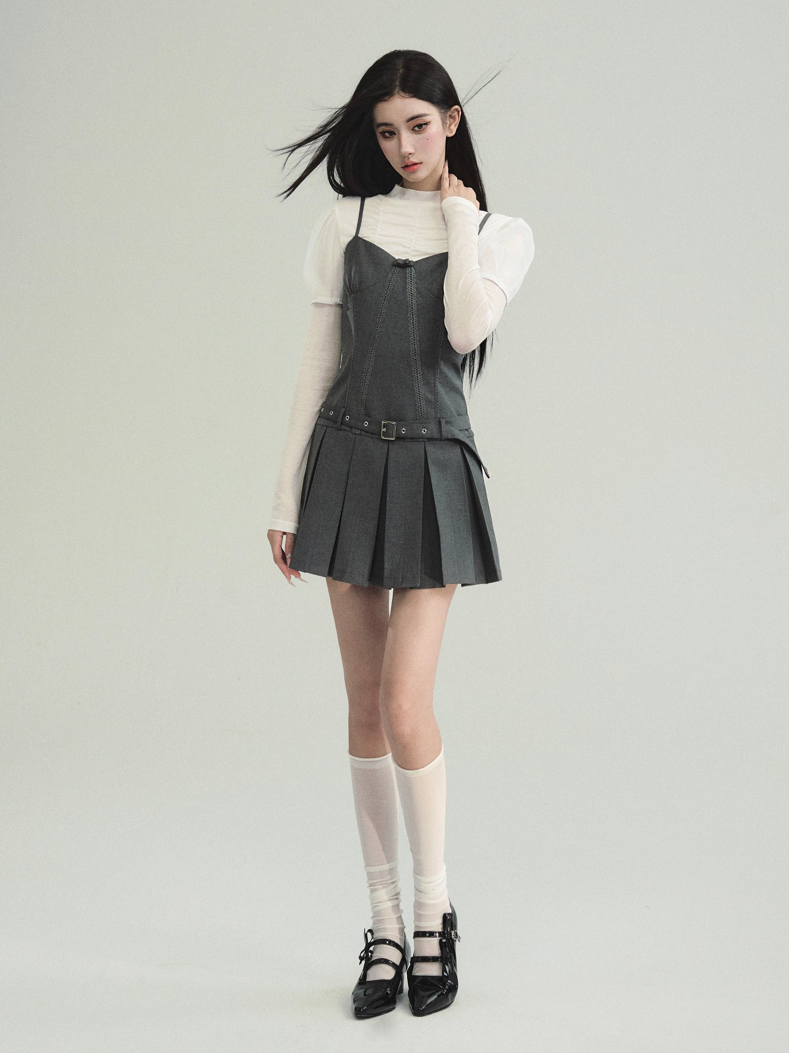 Pleated Waist Layered Suspender Skirt