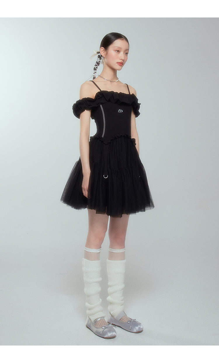 One-shoulder mesh suspender skirt A-line high waist cloud shoulder tutu skirt