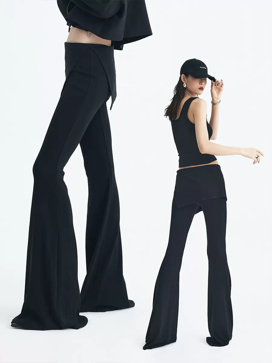 Black U-neck ribbed vest Fake two-piece slit slim-fit flared trouser skirt