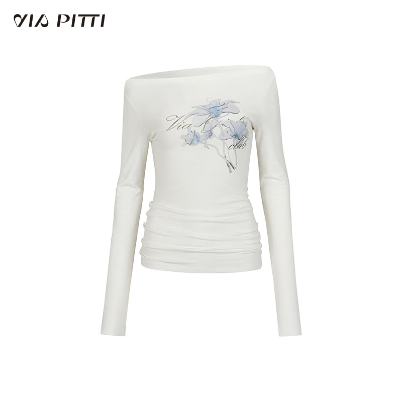 Off-shoulder Printed Long-sleeved T-shirt