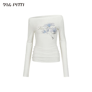 Off-shoulder Printed Long-sleeved T-shirt