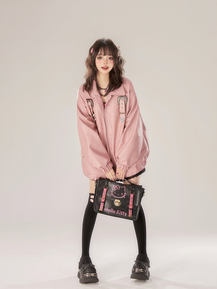 Pink retro design PU jacket