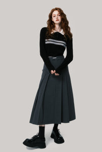 Dark grey pleated slim versatile long skirt college style elegant woolen skirt