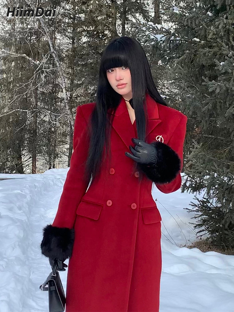 Elegant retro bright berry red double-sided velvet long coat