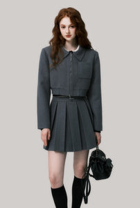 Gray simple woolen thick pleated skirt suit jacket