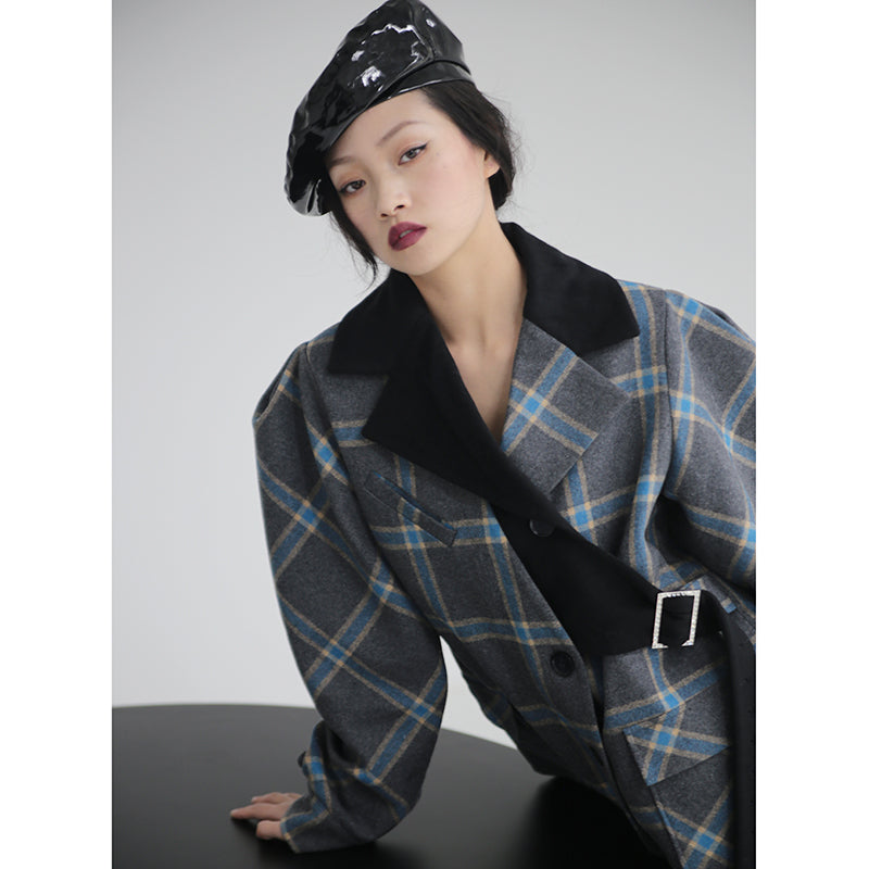 Deconstructed Contrasting Silhouette Wool Plaid Coat