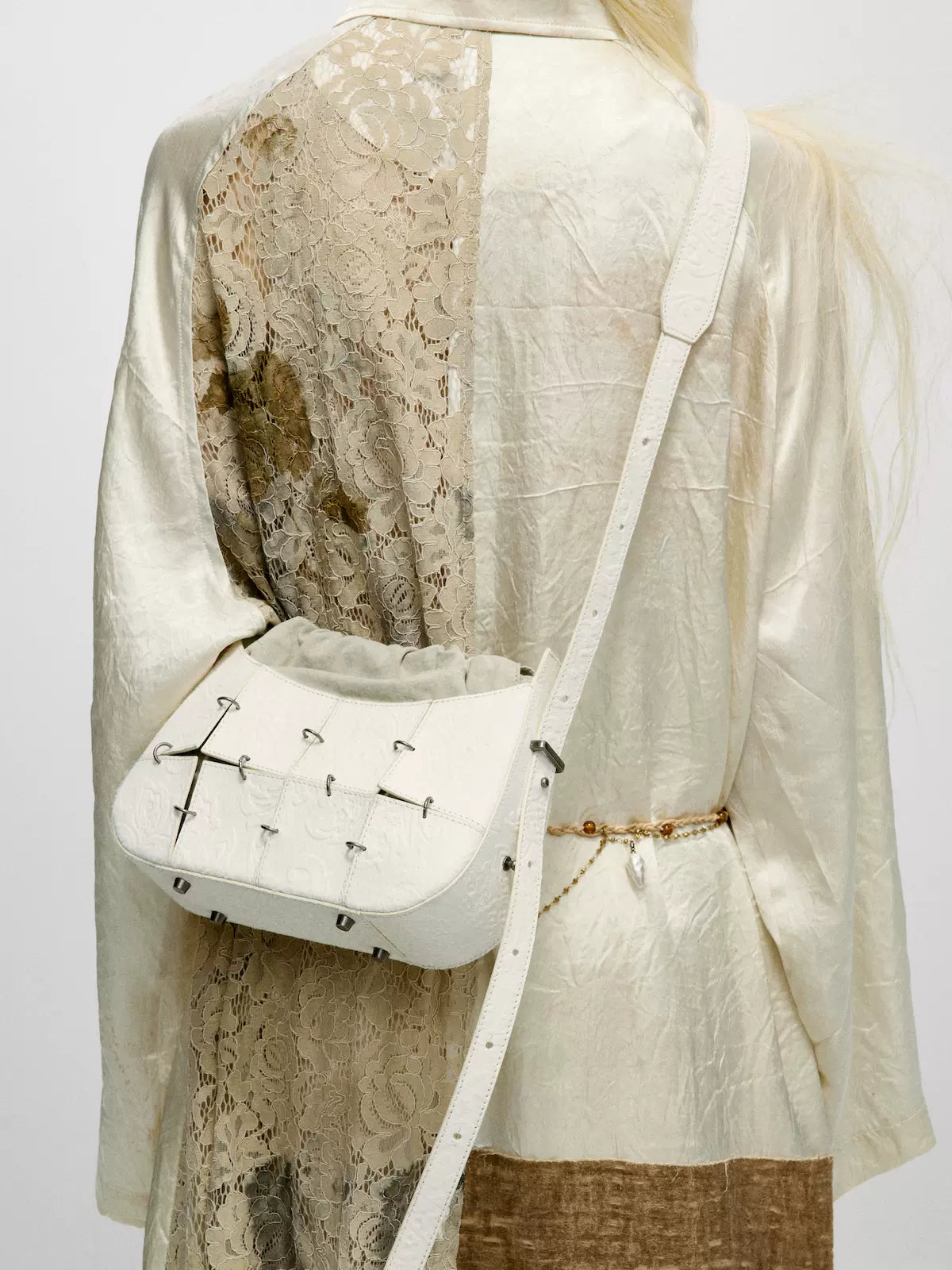 White embossed horse hair patchwork shoulder crossbody bag