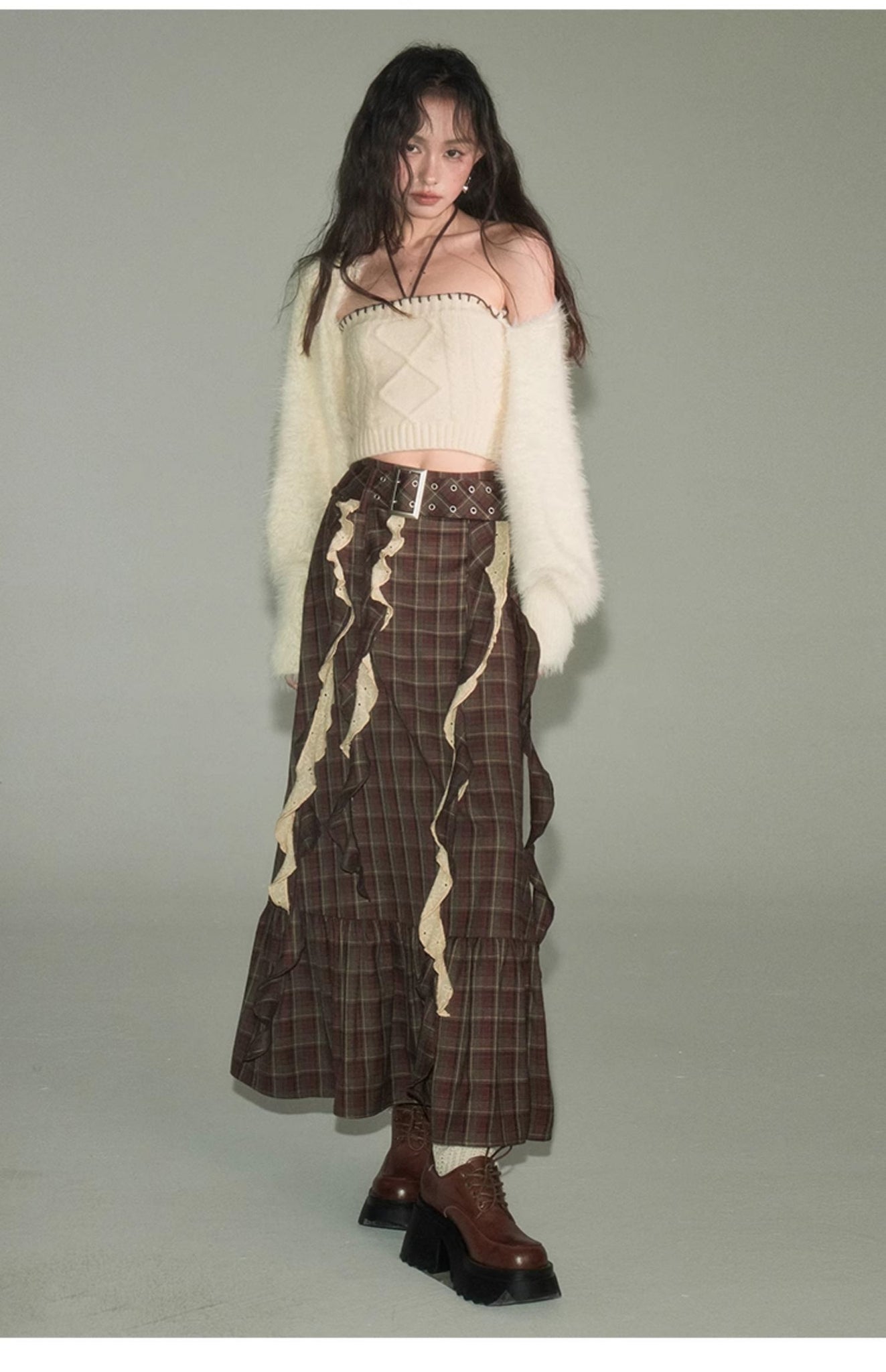 Brown ribbon plaid maxi skirt