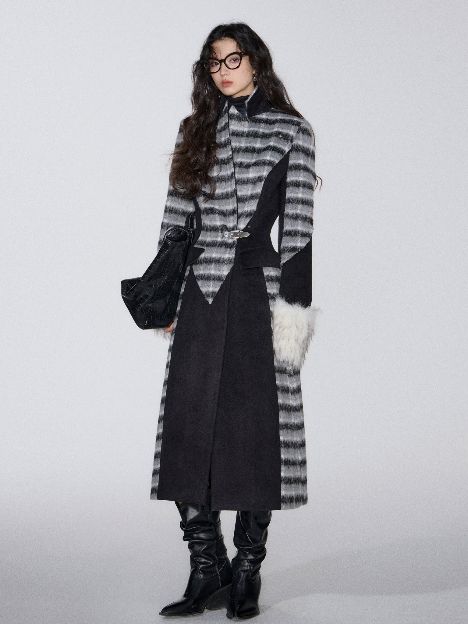 Houndstooth Patchwork Wool Coat