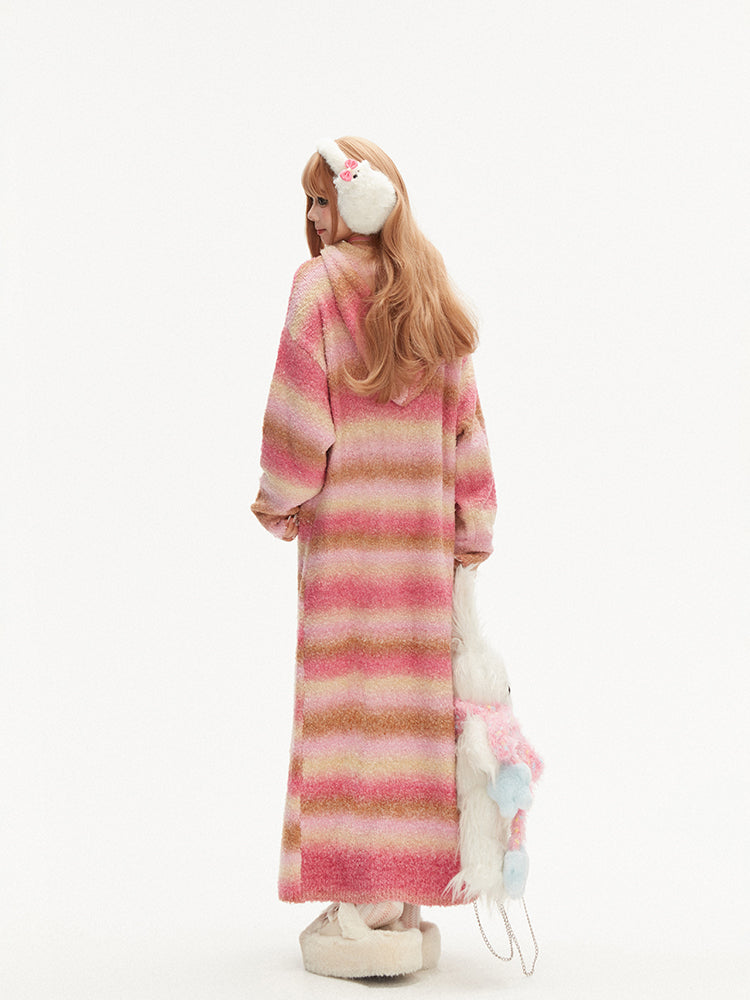 Colorful Striped Hooded Long Sleeved Knitted Dress