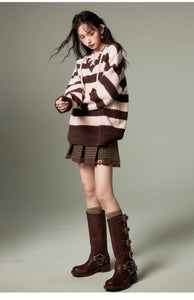 Lazy style striped tie knitted pullover V-neck long sleeve loose