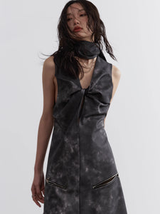 Hollow Smoky Ink Dye PU Leather Neck Dress