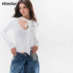 Modal Tencel Knit Slim-Fit Long Sleeve T-Shirt with Attached Straps