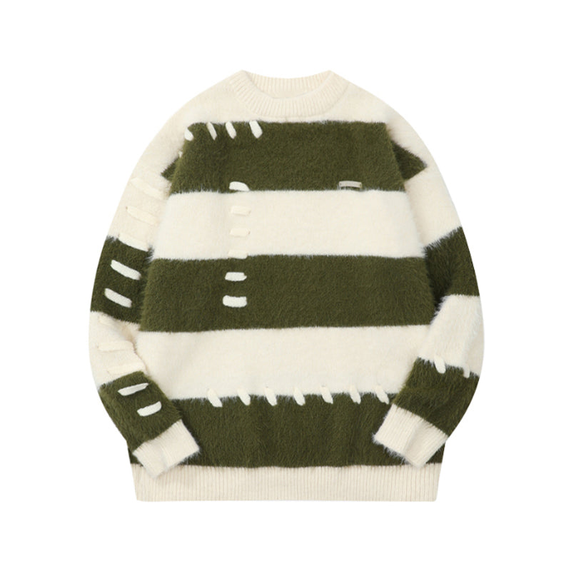 Striped Color Blocked Loose Round Neck Pullover Sweater