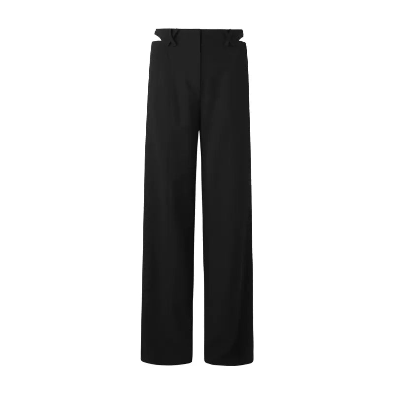 Black loose straight-leg suit pants with hollowed-out back waist