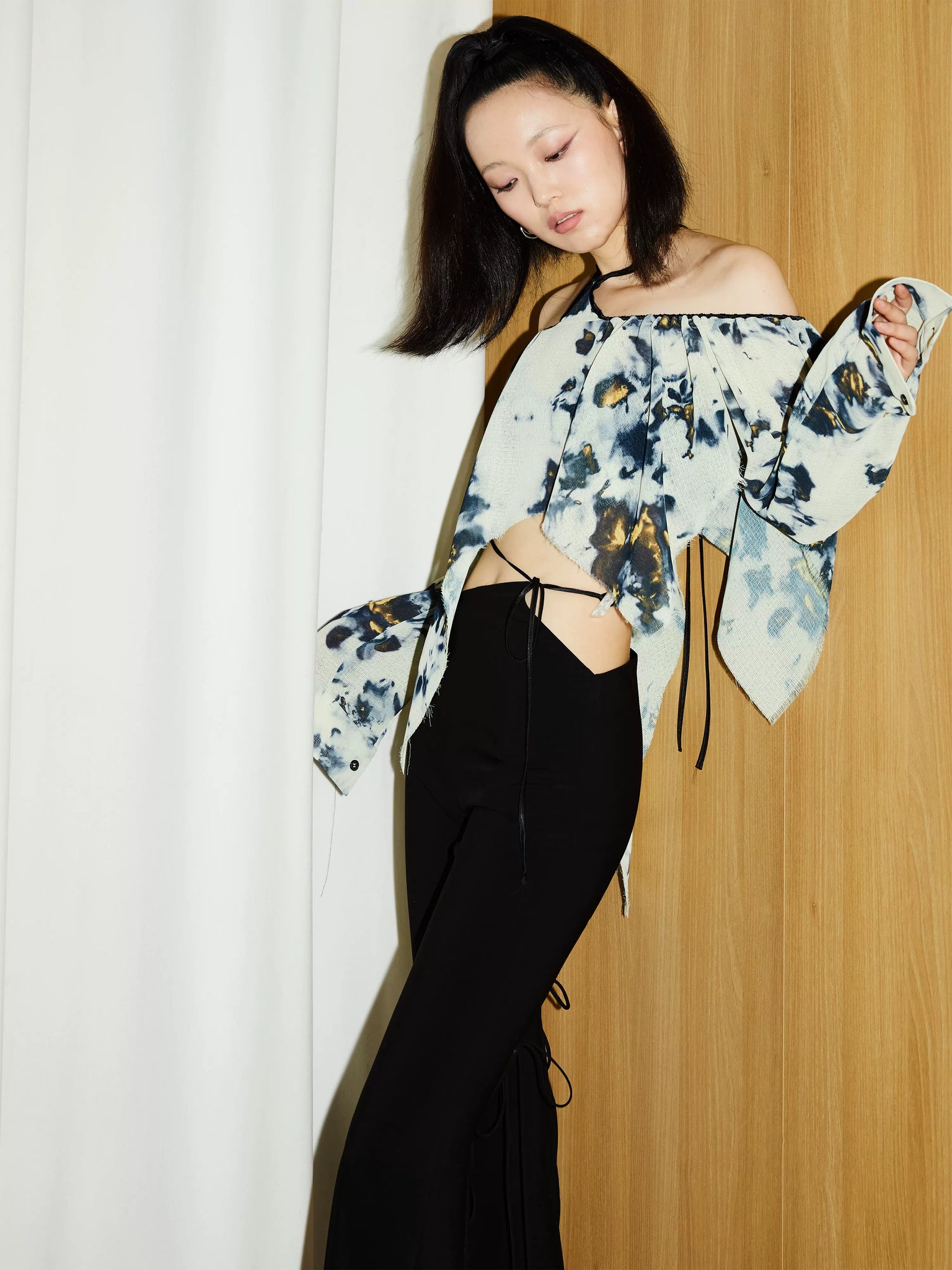 Printed Off-shoulder High-waist Cropped Shirt