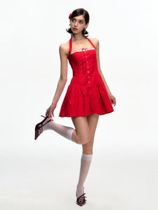 Elio Red Color-Blocked Lace Trim Halter Dress