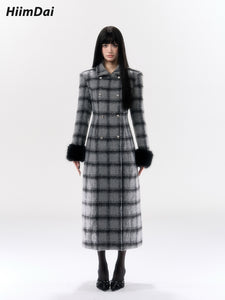 Gray plaid hourglass coat with wool stand up collar