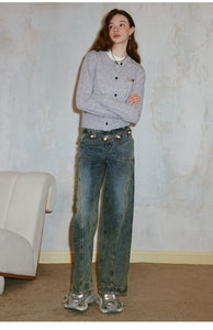 Vintage washed distressed double waist straight jeans high waist loose wide leg trousers