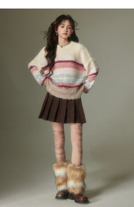 Colorful Striped Crewneck Sweater Lazy Style Long Sleeve Knit Top