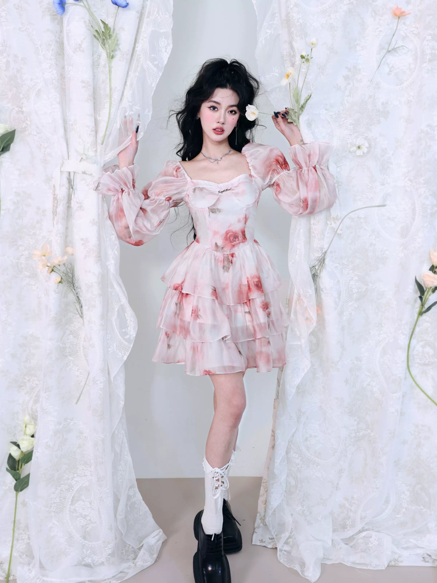 Rose Princess Puff Sleeve Dress Fairy Date Dress