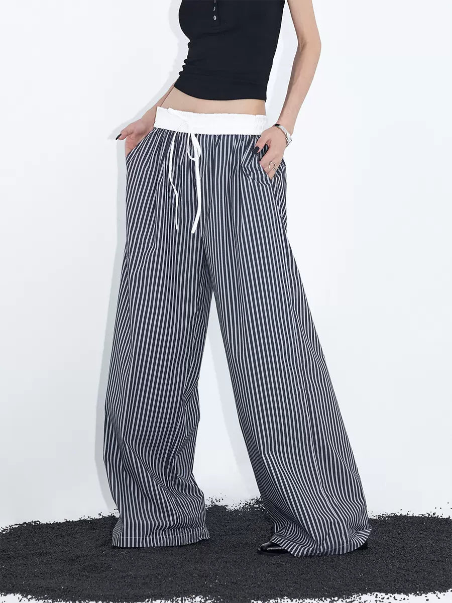 Striped contrast color drawstring casual pants