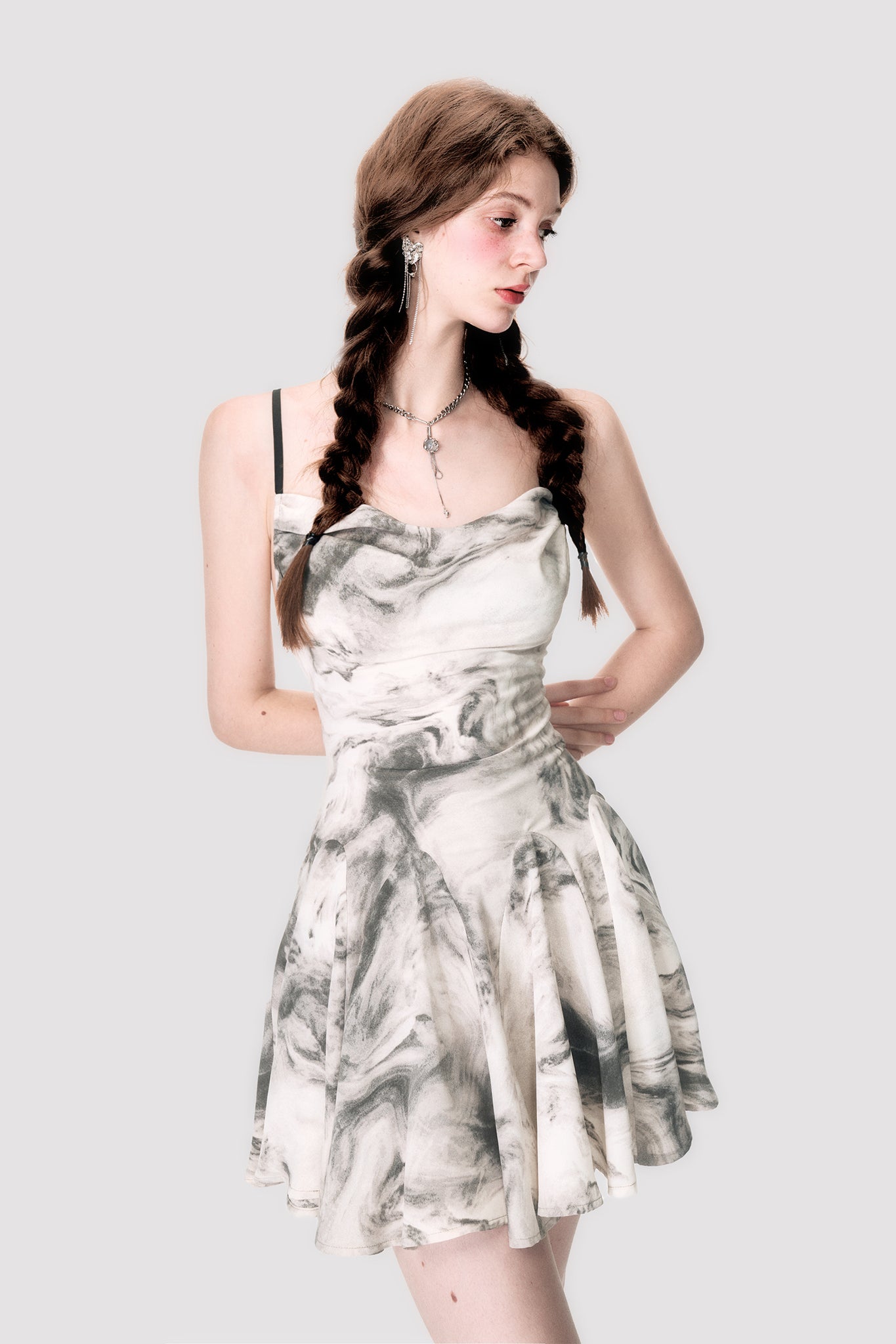 French retro ink painting suspender dress