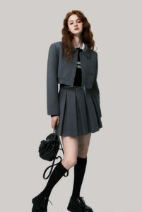 Gray simple woolen thick pleated skirt suit jacket