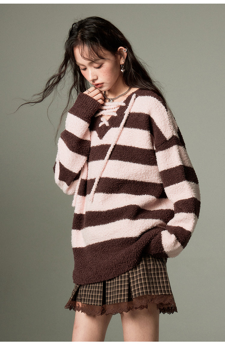 Lazy style striped tie knitted pullover V-neck long sleeve loose