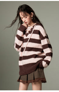 Lazy style striped tie knitted pullover V-neck long sleeve loose