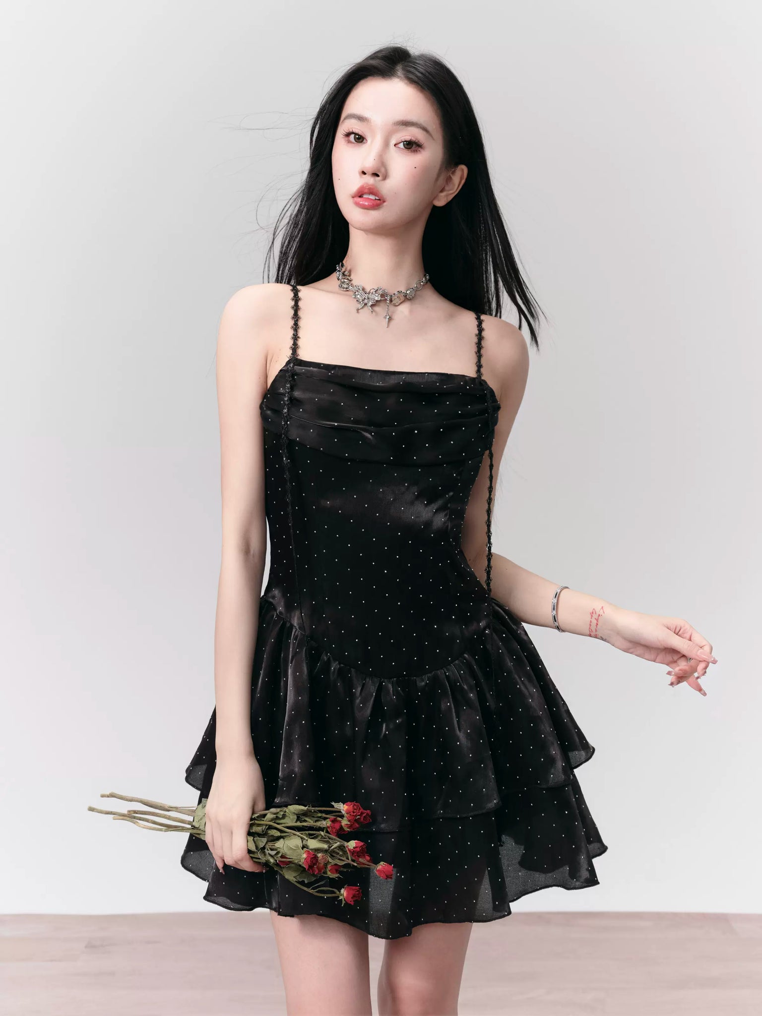 High-end swing collar ribbon temperament suspender dress