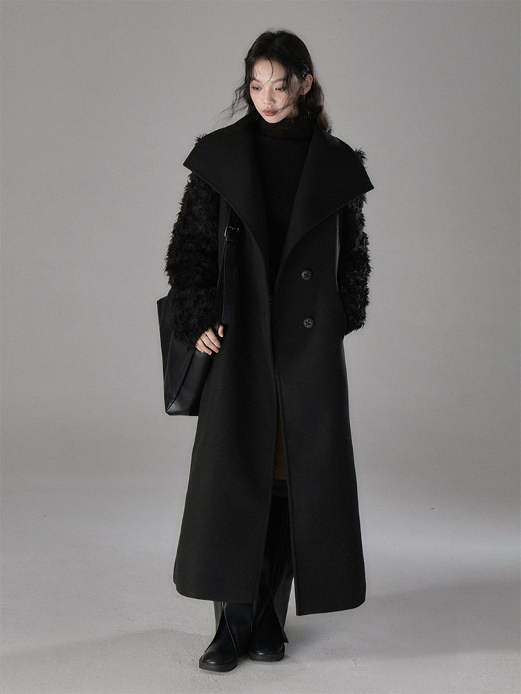 Plush Patchwork Stand Collar Wool Coat