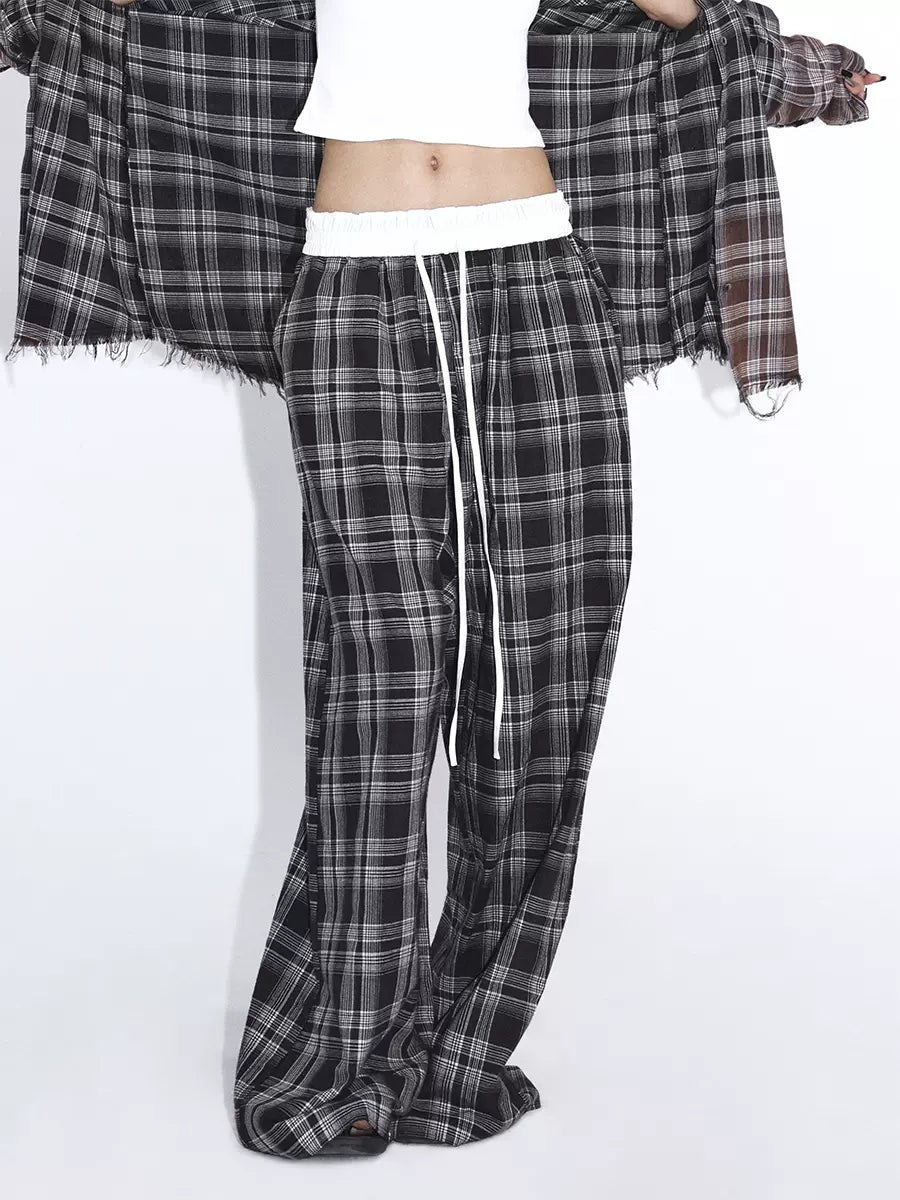 Vintage Check Drawstring Waist Thin Casual Pants