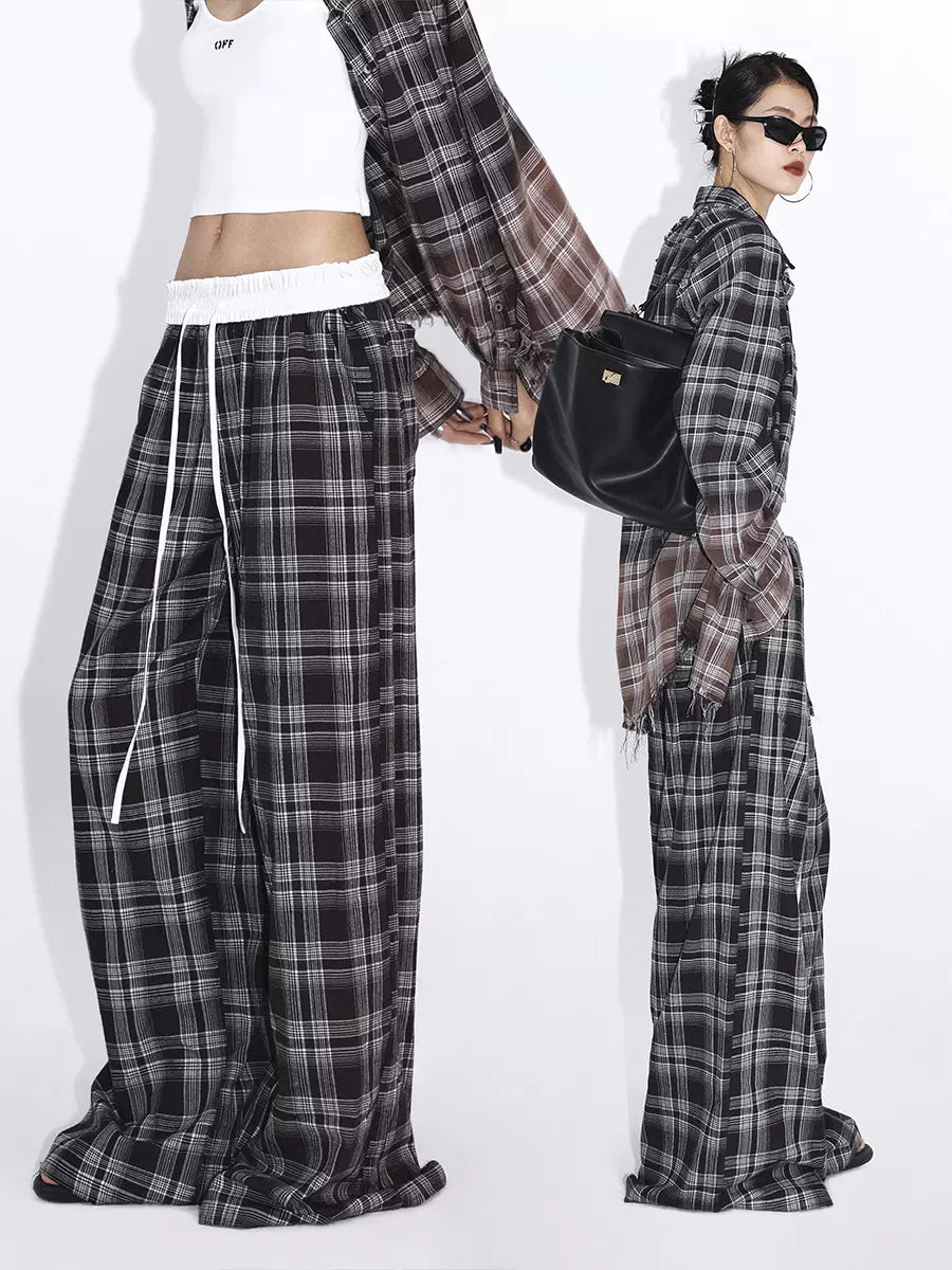 Vintage Check Drawstring Waist Thin Casual Pants