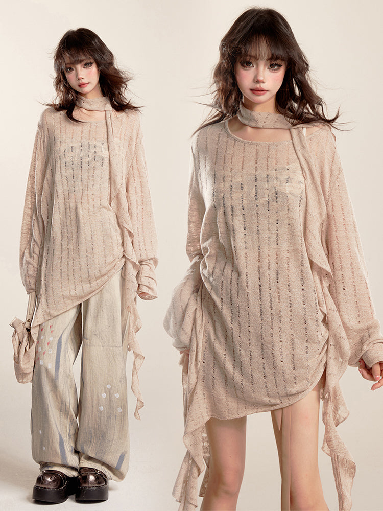 Irregular Ruffled Edge Long Sleeved Knitted Off Shoulder T-Shirt