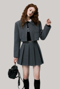 Gray simple woolen thick pleated skirt suit jacket