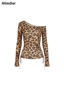 Adjustable Tie-Waist Leopard Print Asymmetrical Slim-Fit T-Shirt